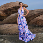 Vestido de noche elegante de alta gama con escote en V y aberturas, largo y amplio para cóctel y dama de honor.